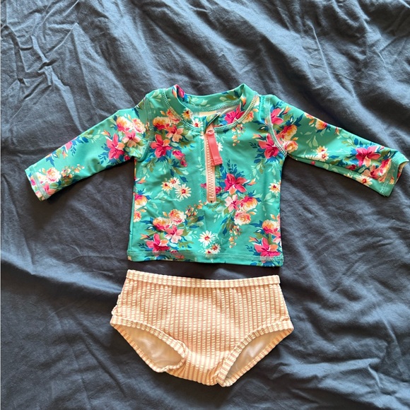 Ruffle Butts Floral Swim Rashguard - Green and Peach - Picture 1 of 3